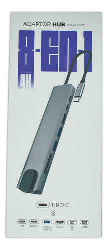 Adaptador Usb C Hub 8-en-1 Dellorean Macbook Pro Hdmi 4k Lan Color Gris
