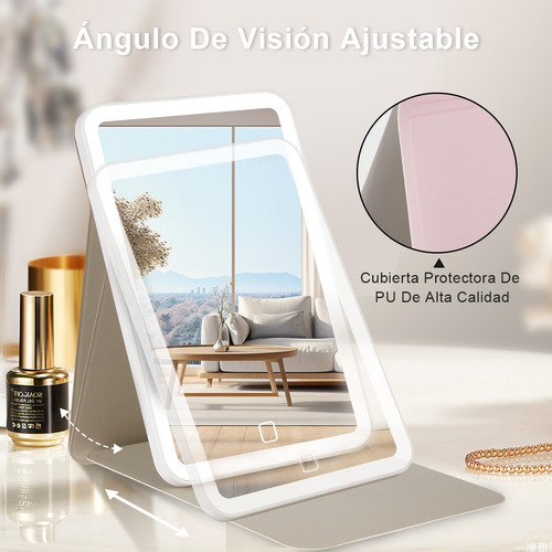 Espejo De Maquillaje Plegable Led De 3 Nivele Recargable Usb