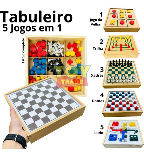 Conjunto Jogos De Mesa 5x1 Xadrez, Dama, Ludo, Trilha, Jogo