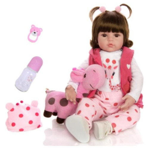 Boneca Bebê Reborn Olhos Castanhos Girafinha Com Acessórios