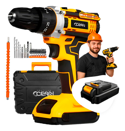 Parafusadeira Furadeira De Impacto Profissional Com 21v Com Maleta E 2 Baterias 127/220v 60hz Amarelo E Preto