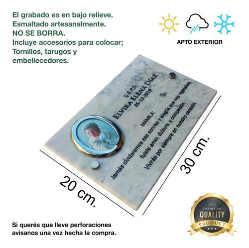Imagen 2 de 10 de Placa De Mármol Grabada 30x20cm. Con Foto Y Marco Incluido.