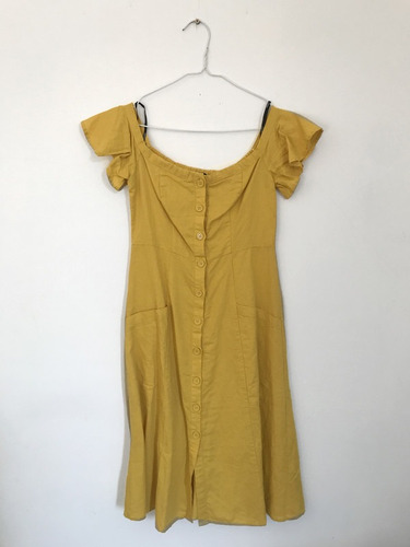 Vestido De Lino C/botones Forever21 Hombros Descubiertos