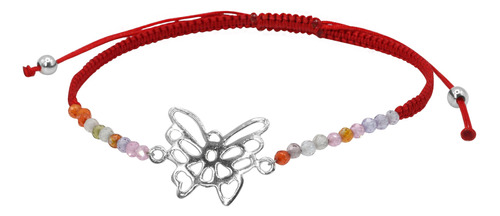 Pulsera De Plata 925 Macramé Roja Con Ágatas Y Mariposa