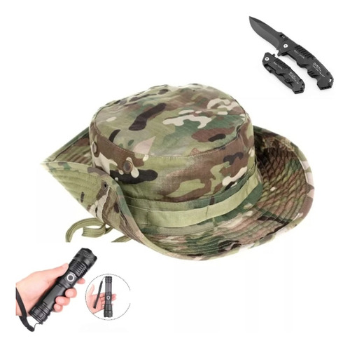 Combo Caza: Linterna Led+sombrero Camuflado+navaja Plegable