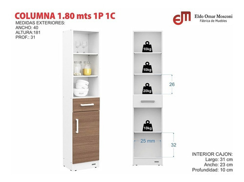 Despensero Columna 1.80m - 1 Puerta 1 Cajon Express Mosconi Color Blanco