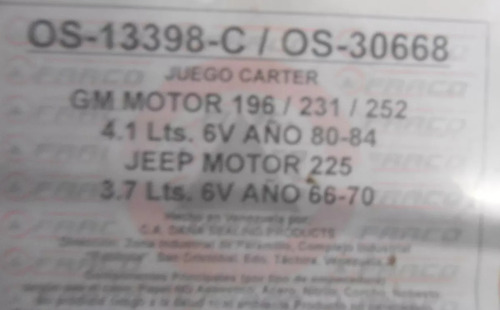 Empacadura Carter Chevrolet 196 231 252 Jeep Wagoneer 225