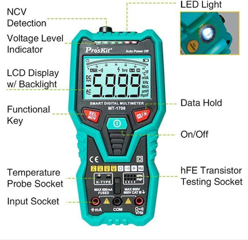 Multimetro Tester Smart Capacimetro Temp Ncv Cat 3 Proskit 