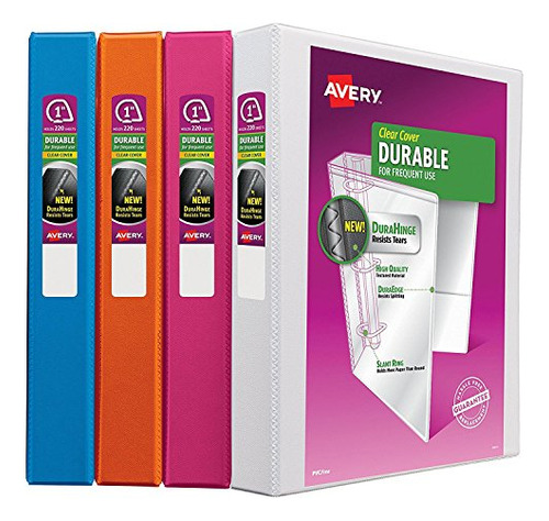 Durable View Binder, 1  Slant Rings, Assorted Colors, 4...