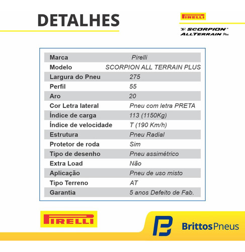 Kit 2 Pneus Pirelli Aro 20 Scorpion A.t. Plus 275/55 R20