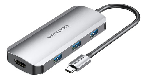 Hub USB Multipuerto Vention - 5 en 1 - Usb C A HDMI + 3 Puertos Usb 3.0 + Power delivery USB C 100W - 4K 30Hz - Carcasa Aluminio - 15 CM - Premium Para Teclado / Disco rigido / Mac / Laptop - TODHB