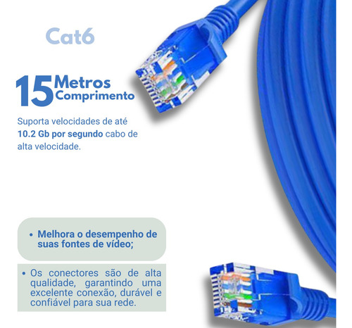 Cabo De Rede Ethernet 15m Cat6 Azul Lan Internet Crimpado