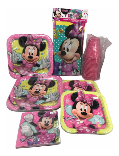 Minnie Mouse Rosa Fiesta P 16 Platos Vasos Serv Mantel Gm6