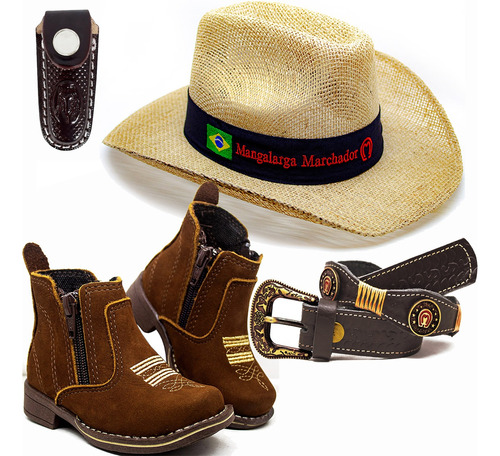 Kit Infantil Botina Bota Chapeu Cinto Country Bainha Couro