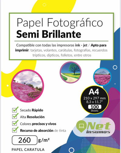 Papel Fotografico  Semi-glossy A4 260gr 100 Hojas