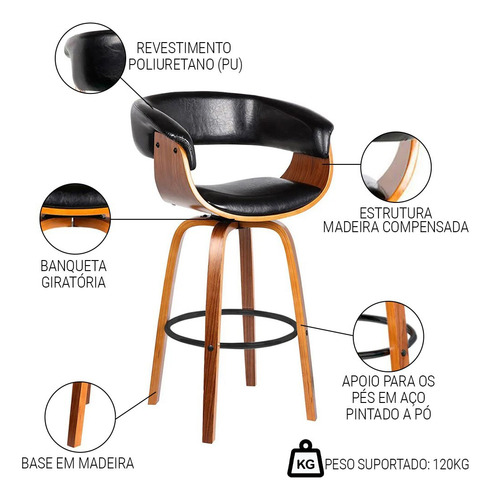 Kit 5 Banquetas Giratória Alta C/ Encosto Ravi Sint Preto