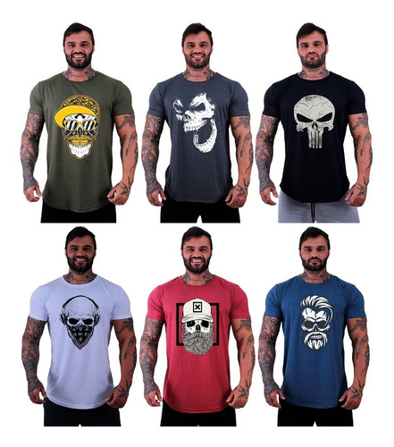 Kit 6 Camiseta Longline Oversized Academia Musculação Skull