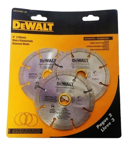 Paquete 3 Discos Diamantado Segmentado Dewalt 4 Pulgadas