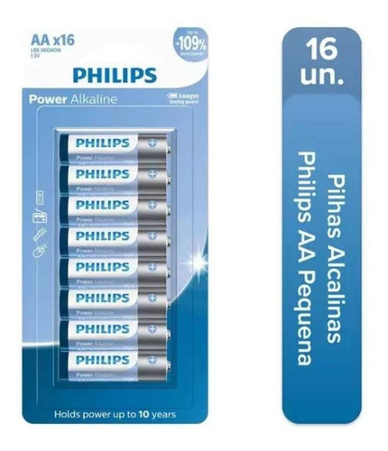 Pilha Aa Philips Alcalina Power Blister 1.5v Com 16 Unidades