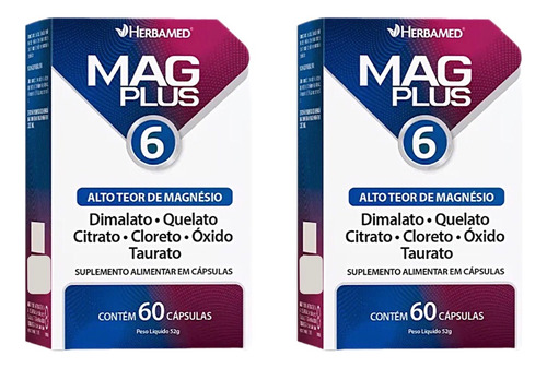 Kit 2 Mag Plus 6 Alto Teor De Magnésio 60 Cápsulas. Herbamed Sabor Sem Sabor
