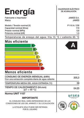 Imagen 2 de 5 de Calefon Termotanque James 110 Lts Acero Clase A 21 Dimm