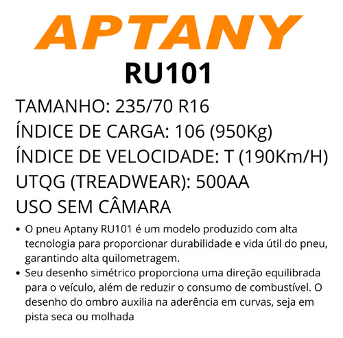 Pneu Aro 16 Aptany 235/70r16 Ru101 Tl 106t L200 Strada S10