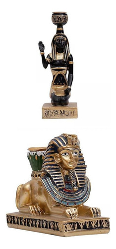 2x Resina Antiguo Egipto Candelero Candelabro Estatua Cena