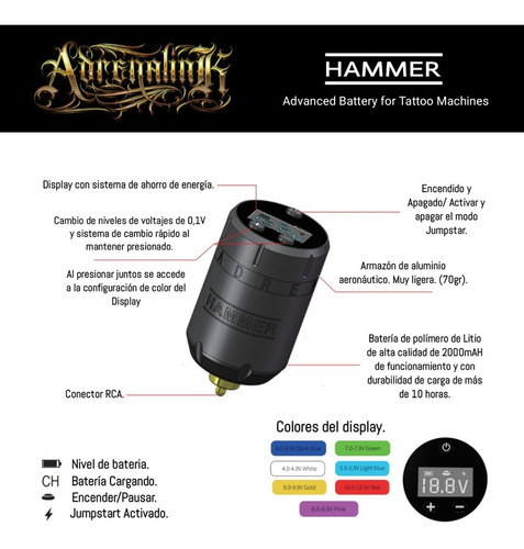 Imagen 3 de 4 de Kit De Tatuaje Adrenalink Gama. Máquina + Fuente Inalámbrica