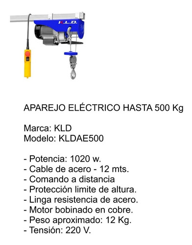 Aparejo Eléctricio Kld 500k Kldae500 1020w Cable Acero 12m