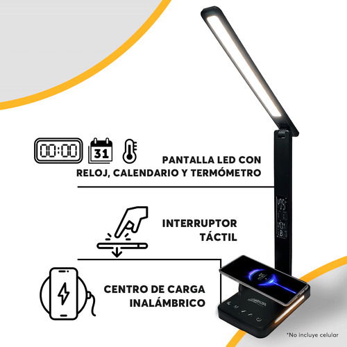 Lámpara De Escritorio Led Con Cargador Inalámbrico Reloj Adi