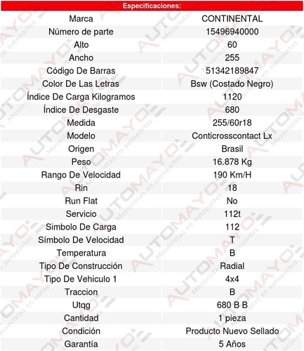 1 Llanta 255/60r18 (112t) Continental Conticrosscontact Lx