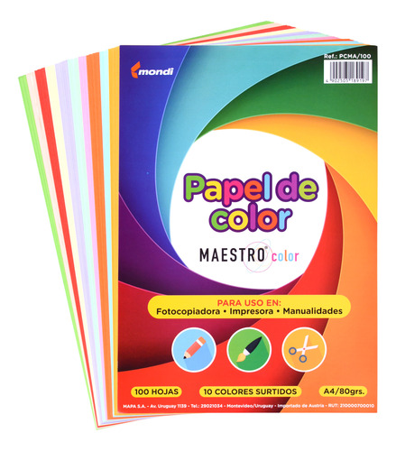 Paquete De 100 Hojas Color A4 De 10 Colores Surtidos 80 Gr