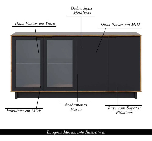 Buffet Aparador Decorativo 160cm Gunga G73 - Gran Belo Cor NOCE/PRETO