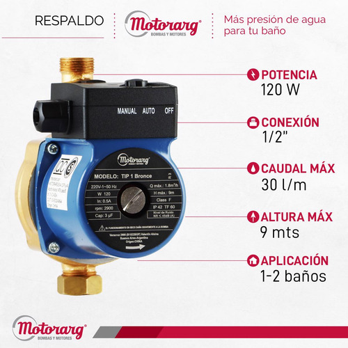 Imagen 2 de 12 de Bomba Presurizadora Motorarg Tip 1 Bronce 2 Baños 120 Watts