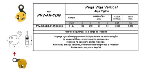 Pega Viga Vertical Alça Rígida Chapa 0-24mm - 1 Ton.