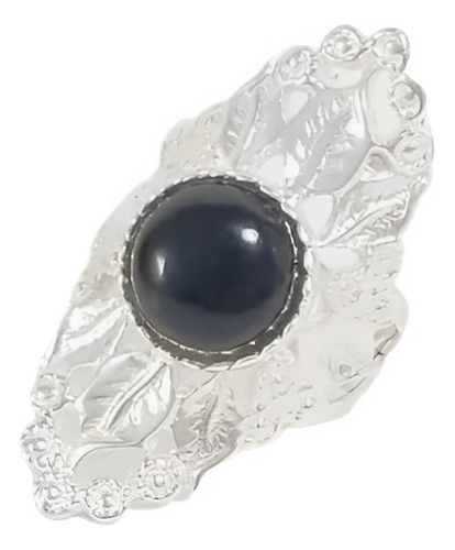 Anillo Hoja Piedra Natural Negro Joya Para Mujer En Plata 