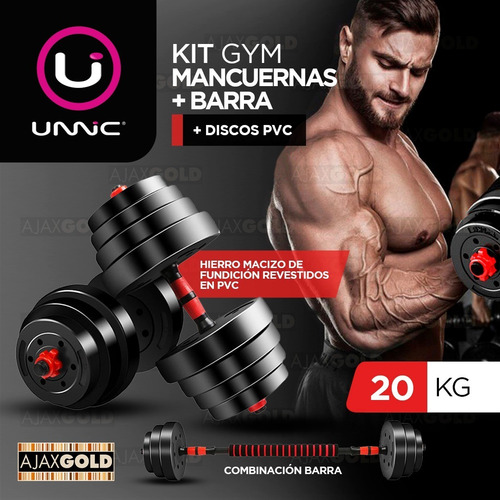 Imagen 2 de 8 de Kit Gym Mancuerna Barra Topes Rosca Fitness + Discos 20 Kg