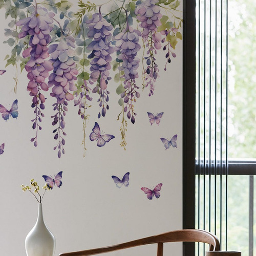 2 Pegatinas De Pared De Pvc Con Mariposas Y Flores Moradas