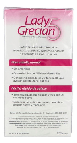 Lady Grecian 5 Tinte En Shampoo Cabello Normal Caja Con Fras