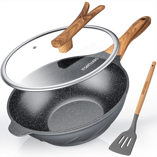 Wok Antiadherente De Aluminio Fundido 12.5 Con Tapa.