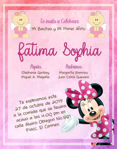 50 Invitaciones Impresas Bautizo Minnie Mouse