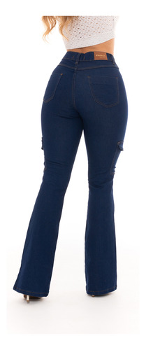 Faraya Jeans Calça Flare Escura Com Bolso Cargo Do Lado