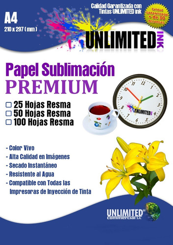 Papel A4 Premium Para Sublimar Secado Rápido Unlimited Ink