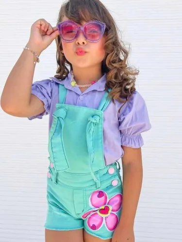 Jardineira Macac o Jeans Infantil Menina Colorido 2 Ao 10
