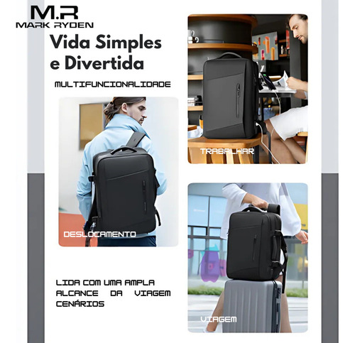 Mochila Mala Viagem Expansível 26-39l Notebook 17,3 Com Capa De Chuva Modelo Aviator Pro Rain Mark Ryden - Cor Preto