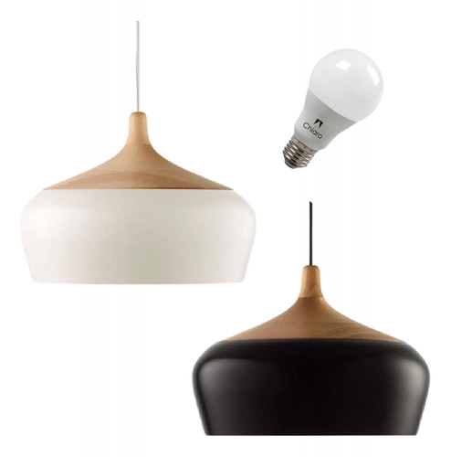 Lampara Led 12w + Colgante Campana Metal Símil Madera Chiaro