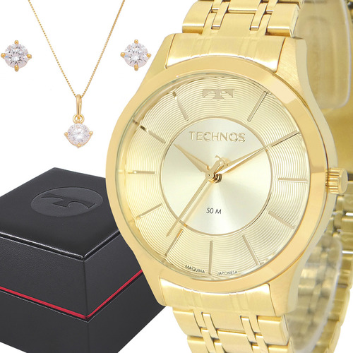 Relógio Technos Feminino Analógico Dourado Com Colar E Brincos Prova Dágua