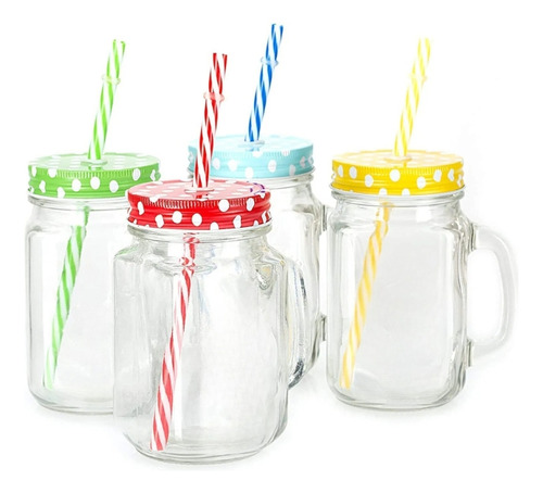 Frasco Jarro Vaso Vidrio 480ml Mosharma Con Tapa Y Sorbete Colores Manija Souvenir