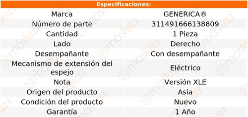 1- Espejo Derecho Elect C/desemp Camry 2007/2011 Genérica