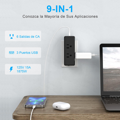 Regleta Enchufe Múltiple 6 Salidas Ca Y 3 Usb Para Hogar